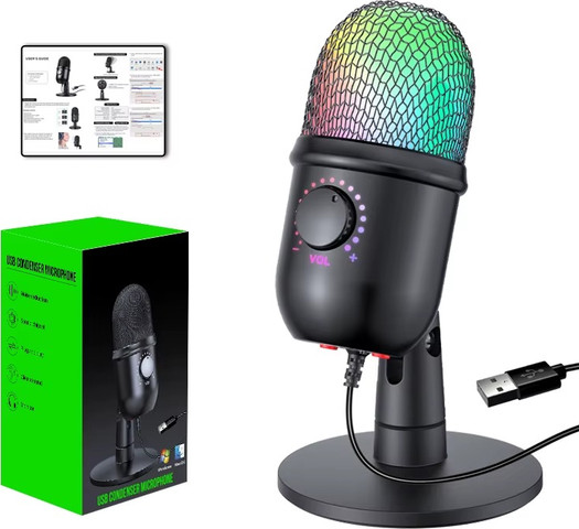 מיקרופון גיימינג USB RGB מקצועי כולל הפחתת רעשים, לסטרימינג ומחשב